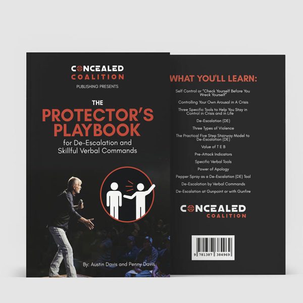 Front and back covers of The Protectors playbook for de-escalation and verbal commands