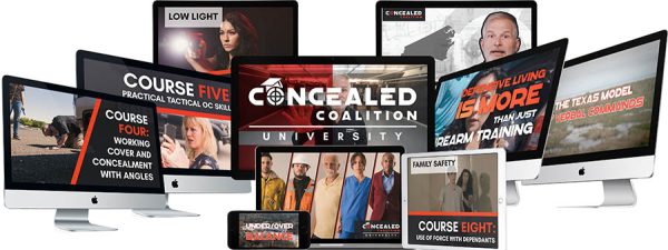 Concealed Coalition university course lineup on computer screens.